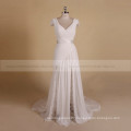 Engaging Boho Sheath Cap Sleeve Lace Chiffon Pleated Wedding Dress